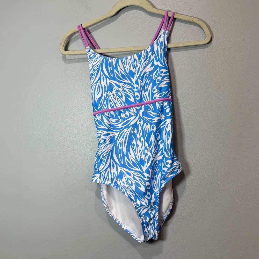 Spyder Girls Blue White Abstract Print‎ One Piece Swimsuit Purple Straps L 12/14